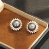 Light luxury high-end micro-inlaid zircon flower holder two-color pearl stud earrings with elegant golden pearl 925 silver needle earrings