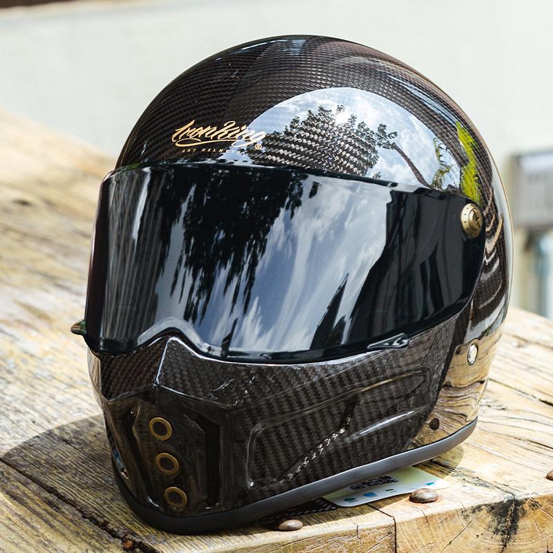 IRONKING Tough Guy Carbon Fiber 4-Season Racing Helmet, 3C Certified Anti-Fog Retro Full Face for Men.