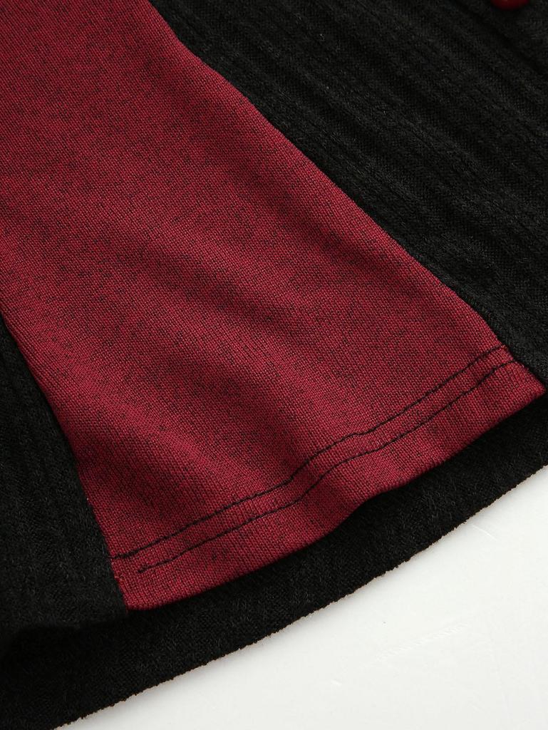 Rosegal Plus Size Ruffles Collar Full Button Ruched Ribbed Patchwork Long Sleeves Top