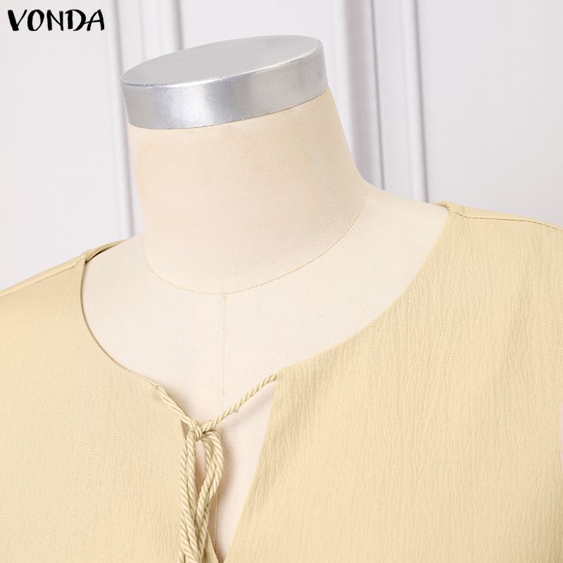 VONDA Women O Neck Half Sleeve Solid Color Casual Loose Baggy Maxi Dress Robes