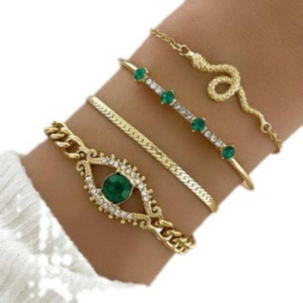 4pcs Fashion Green Gemstone Bangle Rhinestone Full For Women Birthday Party Christmas Gift Jewerly