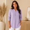 Ladies Daily Henley Style Knit Top, Long Sleeve Notch Neck Button Blouse, Curved Hem Side Buttons Loose Tunic for Street & Home Outfit