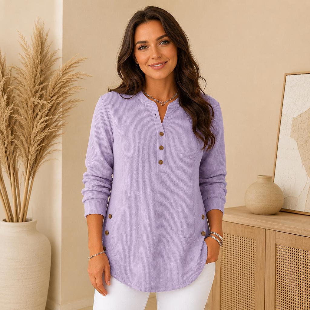 Ladies Daily Henley Style Knit Top, Long Sleeve Notch Neck Button Blouse, Curved Hem Side Buttons Loose Tunic for Street & Home Outfit
