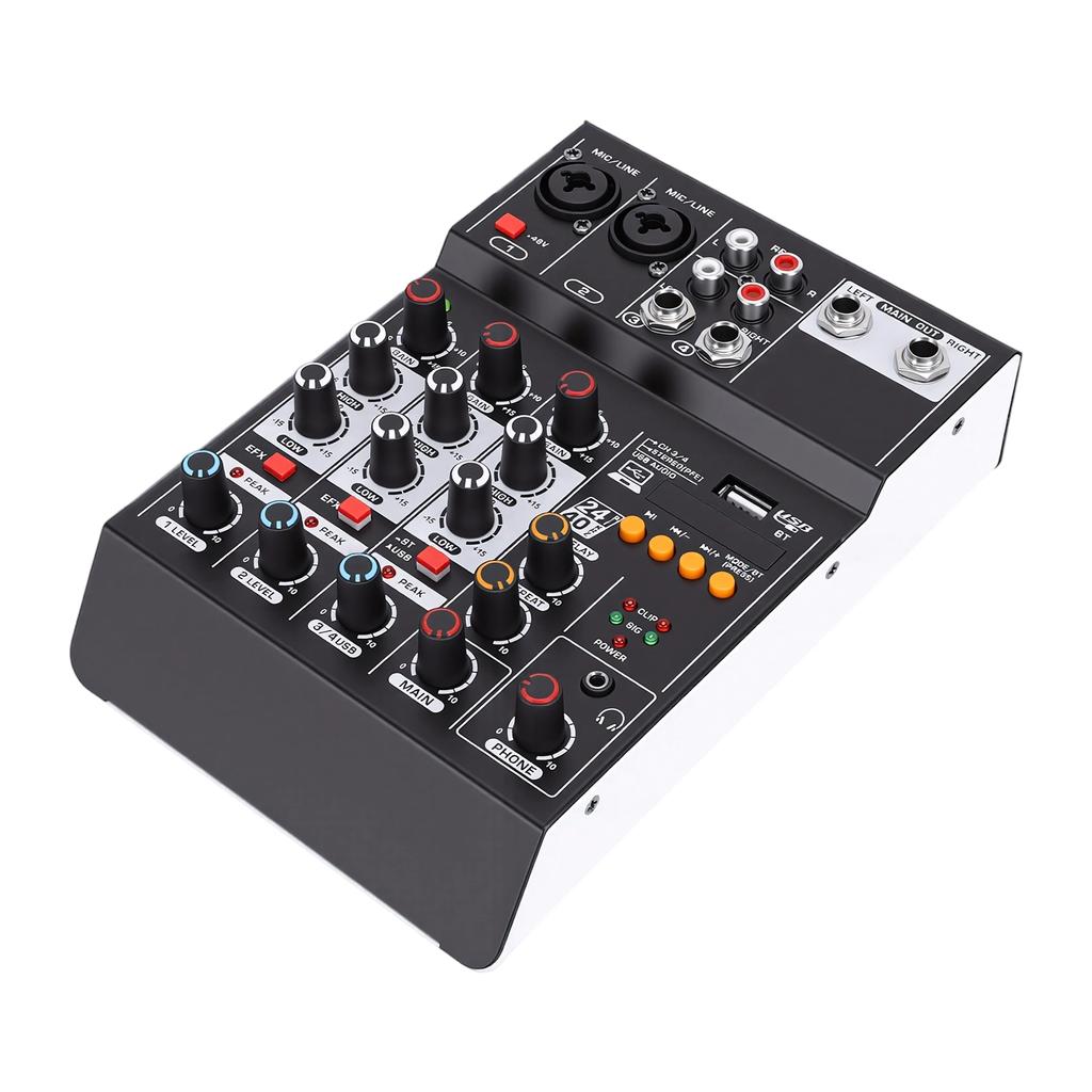 Sound Mixer USB MP3 Bluetooth Computer Input 4 Channel 48V Phantom Power Stereo DJ Mixer for Computer Recording Karaoke