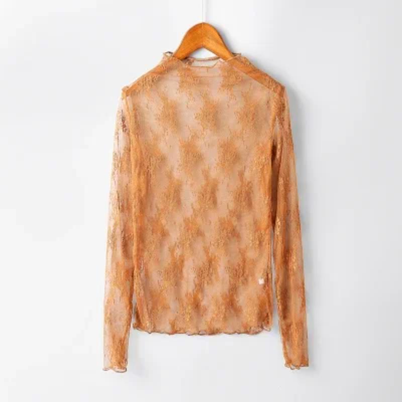 

Летние женские кружевные блузки с цветочной вышивкой, рубашки, женские топы, сексуальные сетчатые блузки, прозрачные элегантные прозрачные черные рубашки one size коричневый