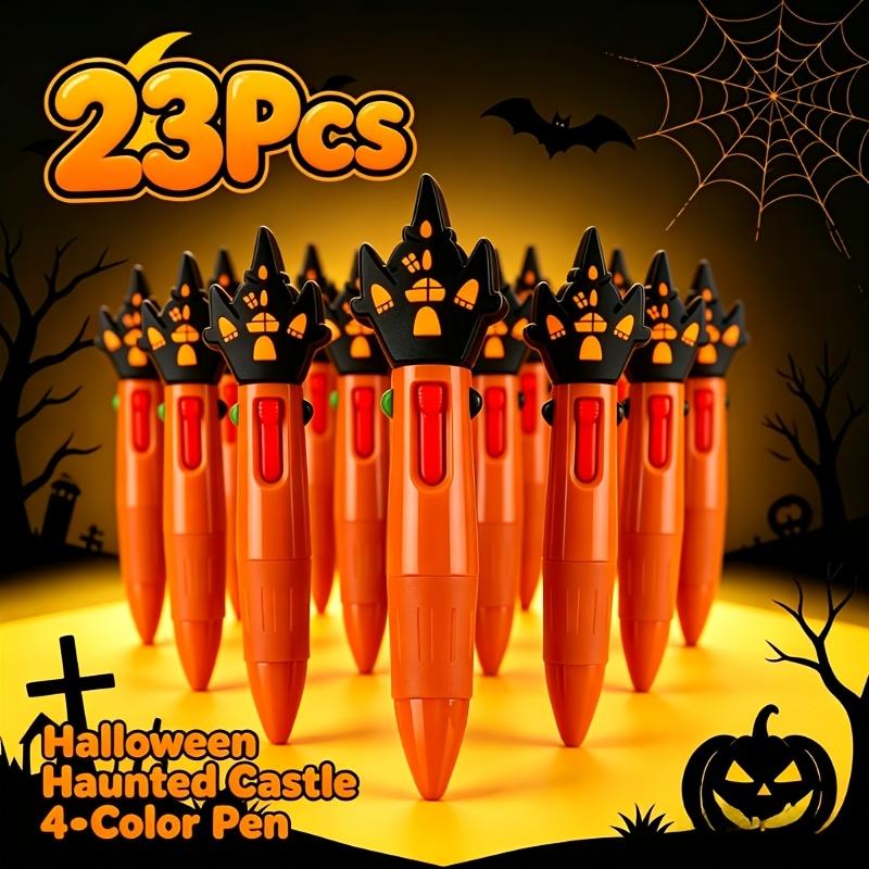 23 Pcs Halloween Haunted Castle Topper Four-Color Retractable Ballpoint Pens, Cute Cartoon Student Stationery,Halloween Favors Back-to-School Gifts
