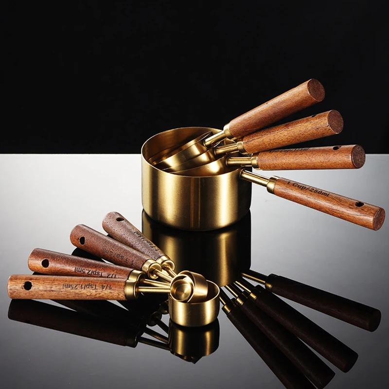 8Pcs Wooden Handle Stainless Steel Measuring Cups Spoons Baking Tools Coffee Measuring Spoon Set Bartending Scale Accessories