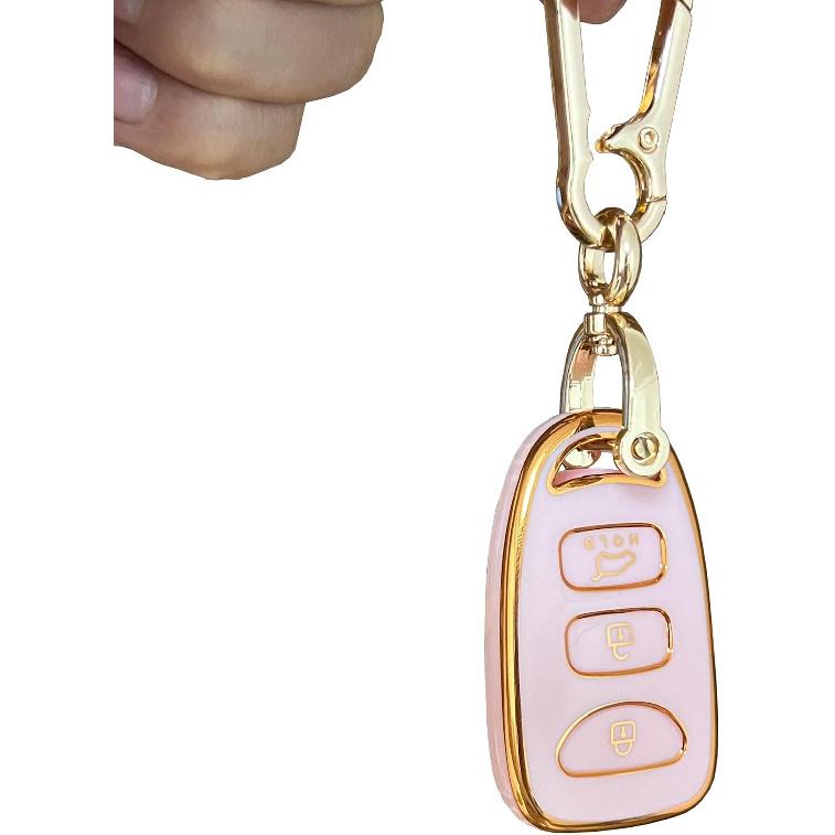 for Hyundai Key Fob Cover Smart Key with Keychain Fits for Hyundai Elantra Sonata Kia Forte Optima Spectra Key Case (4-Button-Pink)