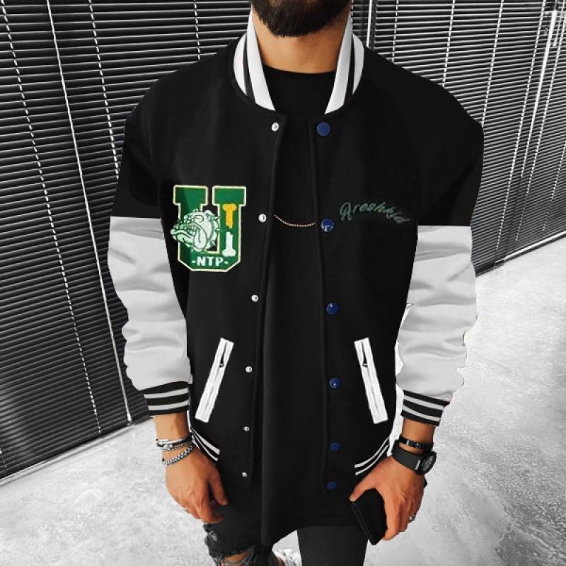 Mens Punk Style Color-Block Zipper Pocket Baseball Jacket Casual Outerwear
