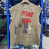 Unisex Oversized Cotton Linen Blend Sleeveless Tee Streetwear Vintage Washed Flame Print Top