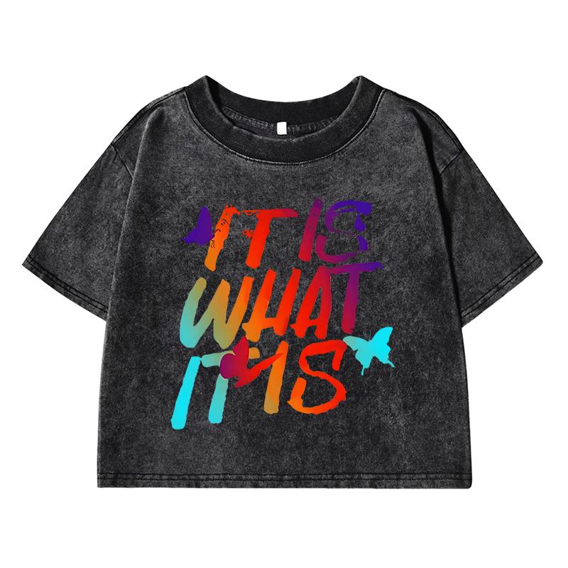 Colored Letters Printingprinting Women Washed Short T-Shirt Casual Street Distress Midriff-Baring T Shirts Breathable Tshirt