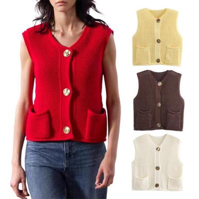 Women Knitting Vest V-Neck Sleeveless Single-Breasted Pocketed Knitting Waistcoat Versatile Solid Color Knitwear