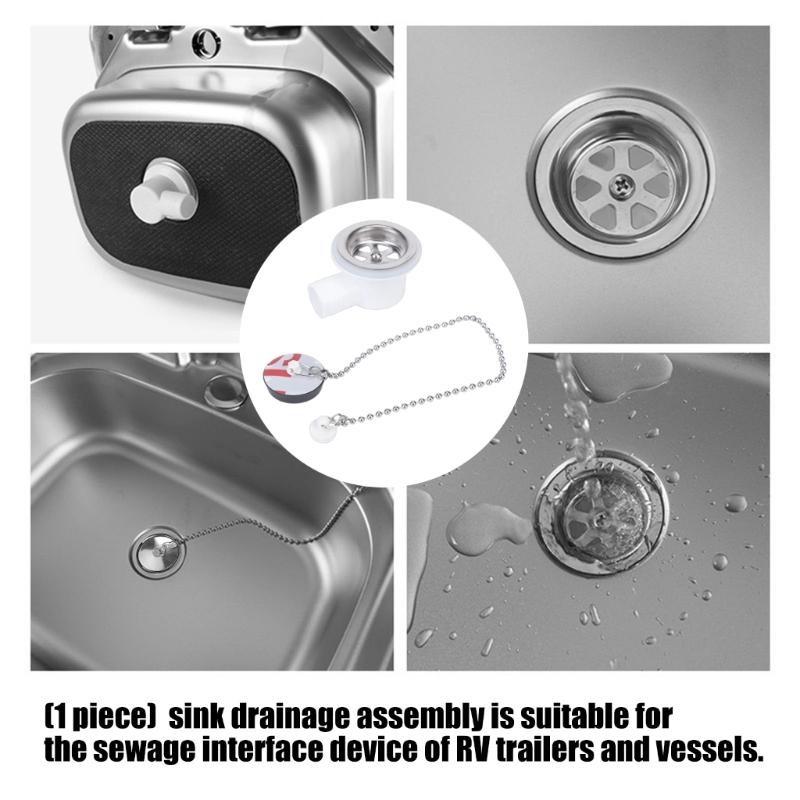 Sink Drain Assembly for Trailer and Boat Use, Angled Side Outlet Drain Fitting with Cap Chain, Plastic Body and Stainless Trim for Sink Repair