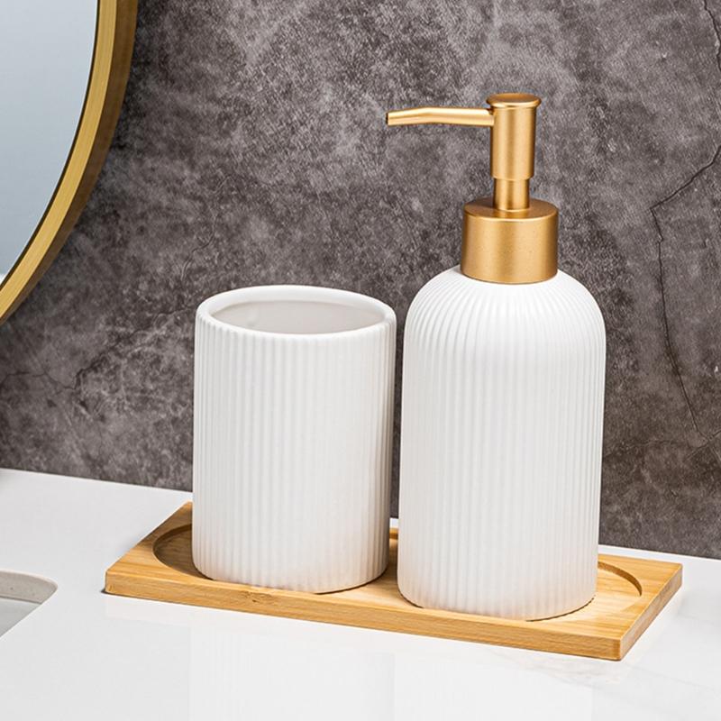 3PCS Ceramic Liquid Soap Dispenser with Storage Wood Tray Toothbrush Cup for Household Bathroom Organizing Essential