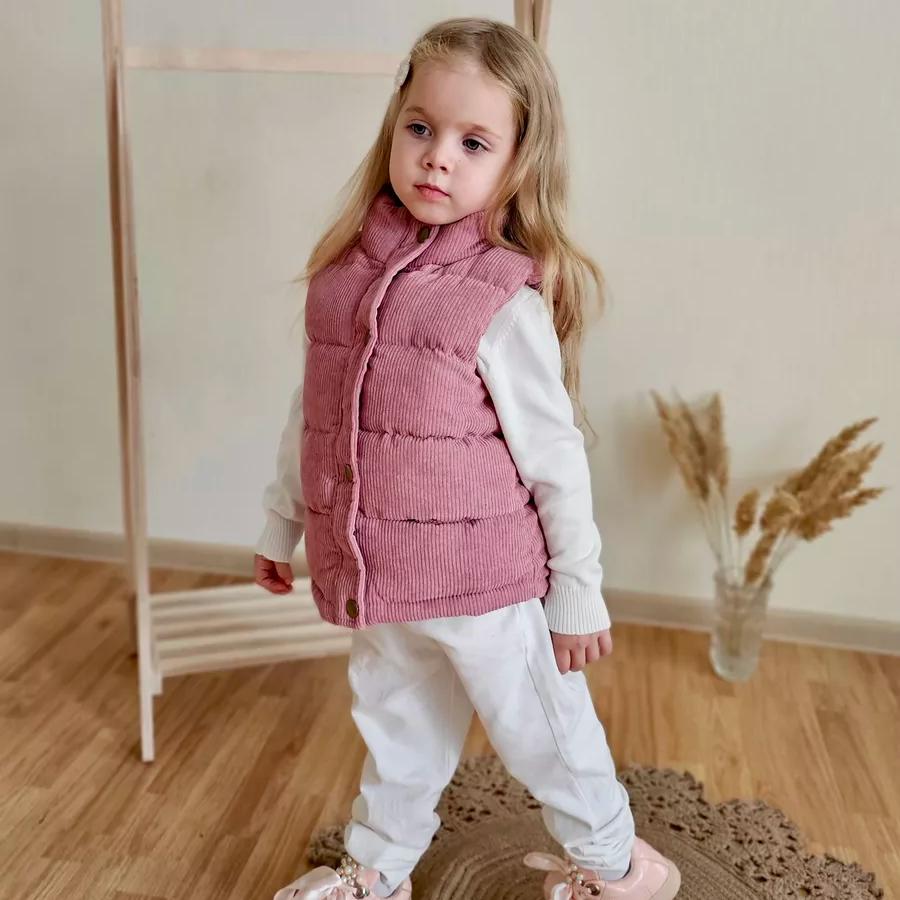 Kinder Cord Steppweste mit Stehkragen, Leichte ärmellose Oberbekleidung für Frühling Herbst, Alter 1–9, Rosa Grau Weiß