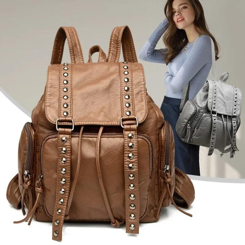 Fashion Rivets Backpacks for Women Shoulder Bags Soft Leather Daypack Travel Bag Large Capacity Schoolbag Female Bagpack
