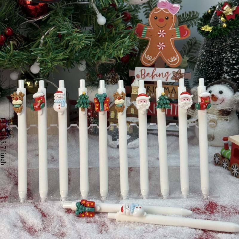 10Pcs White Christmas Shape Patch Press Gel Pen Cartoon Press Pen Holiday Gift Novelty Stationery Teacher Party Favors Back To School