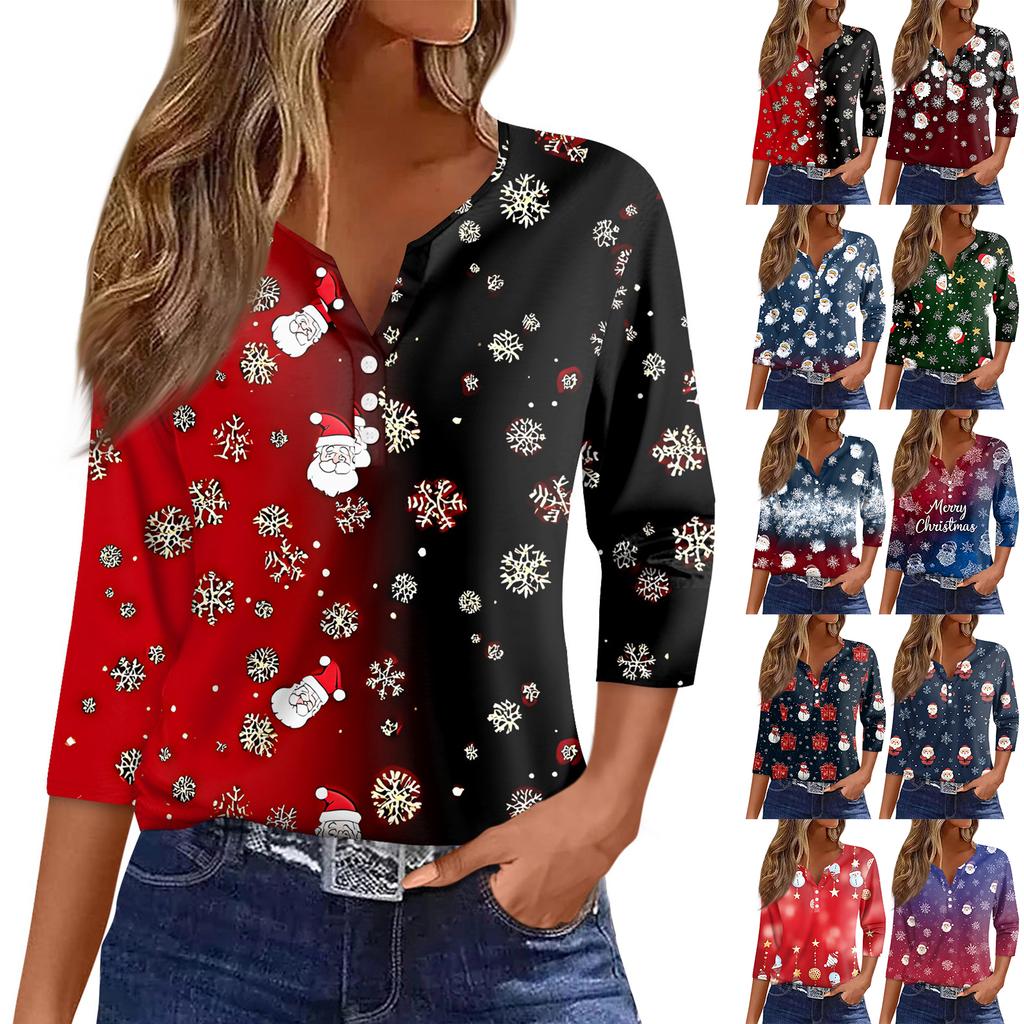 Women's T Shirt Tee Christmas Printed Button 3/4 Sleeve Tunic Daily Weekend Fashion Basic V- Neck Regular Top