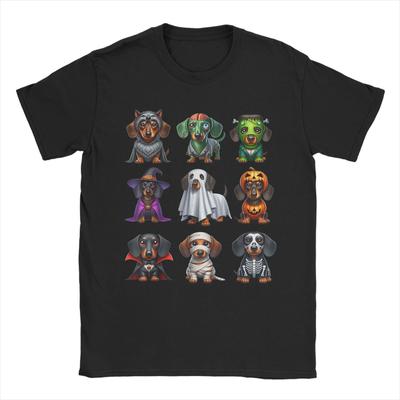 Dachshund Dogs Witch Mummy Skeleton Pumpkin Halloween T Shirts Men Novelty T-Shirts Round Collar  Tees Short Sleeve Clothing