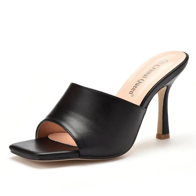 Sandale Damă Vară Confortabile Vârf Pătrat Decupate Slip-on PU 9CM Toc Înalt Subțire Sandale de Petrecere Modă Pantofi Damă Galben
