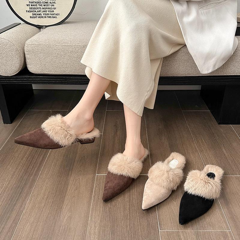 Pointed Half Slippers Women's 2025 Autumn and Winter New Bag Head Winter Fluffy Slippers Wear Low Heel Cotton Slippers