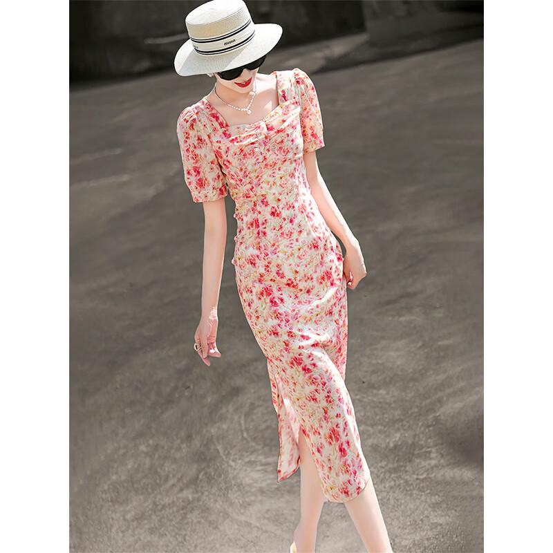 Lancer French Style Puff Sleeve Printed Midi Dress L