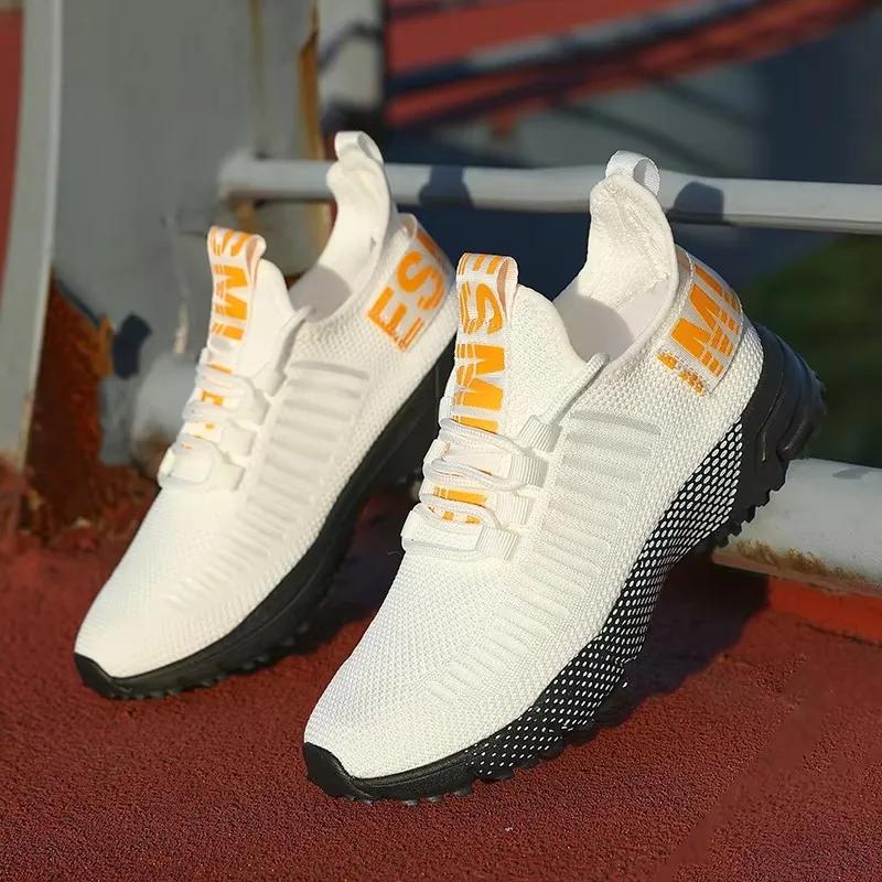 Men Knitted Running Shoes Breathable Cushioned Insoles Adjustable Shoelaces Walking Shoes Comfortable Outdoor Activity Sneakers