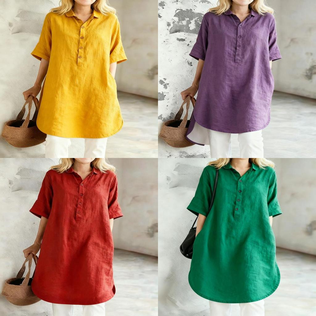 Vestido Casual de Algodón y Lino con Cuello Polo para Verano 2026 Estilo Holgado para Mujer