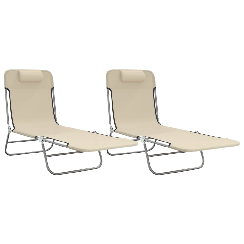 Vidaxl Folding Sun Loungers, 2 Pcs, Cream, Textilene And Steel
