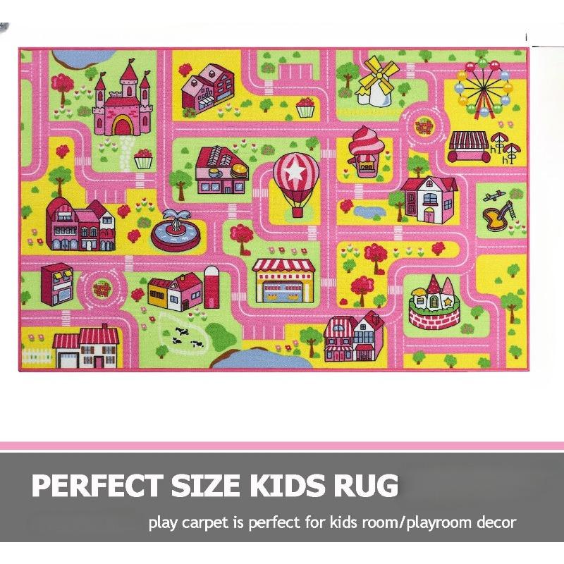 Kids Cartoon Town Carpet Mat Rug Pattern Playful Educational Non-slip Interactive Home Decoration Bedroom Playroom Indoor Rug