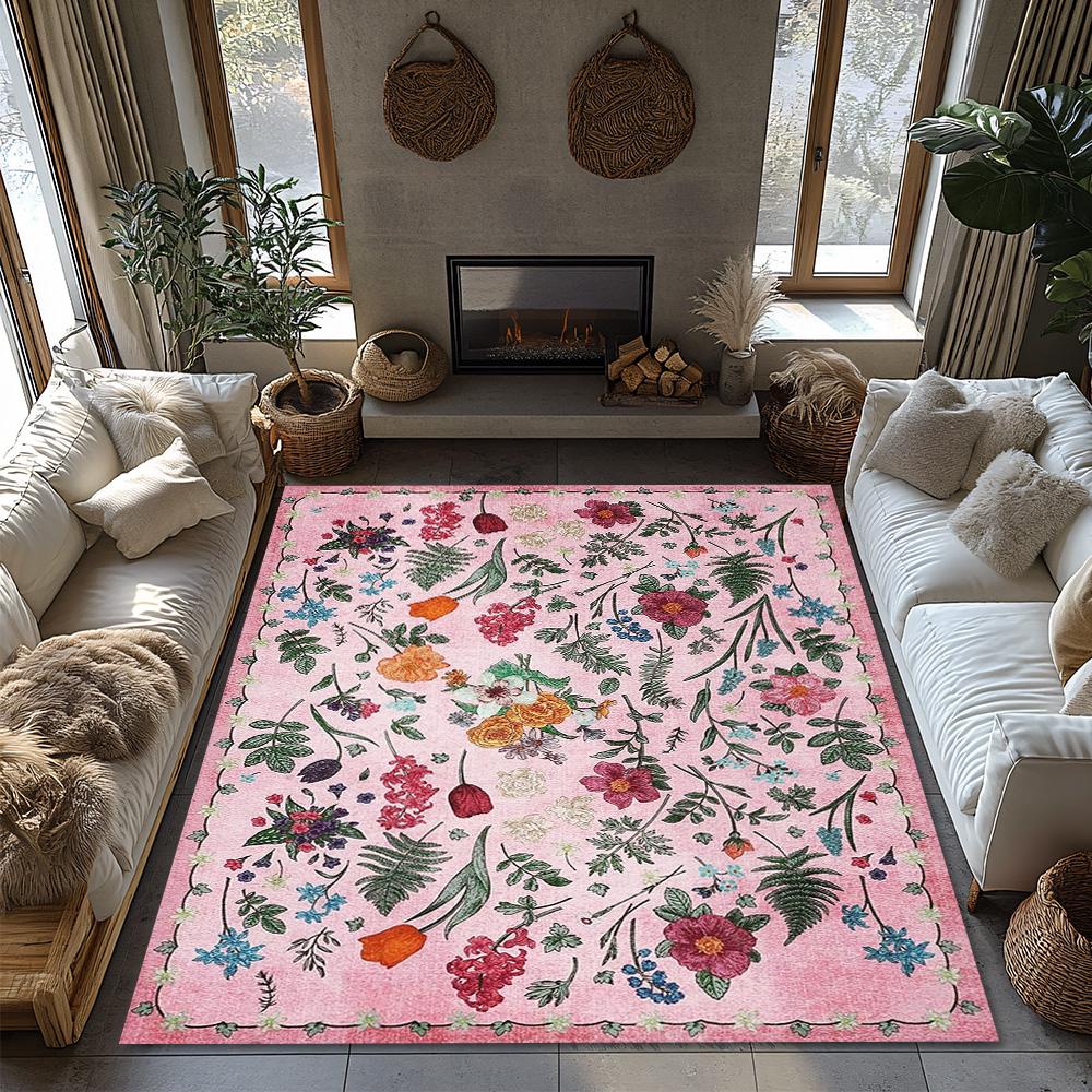 Pink Floral Bohemian Area Rug, Flower Pattern Non-Slip Carpet, Soft Living Room Mat for Cozy Home Decor
