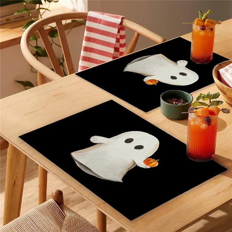 6PC Halloween Pumpkin Black Cat Placemats Festival Kitchen  Linen Dinning Table Mats Bowl Coffee Cup Pads Mats Home Decor