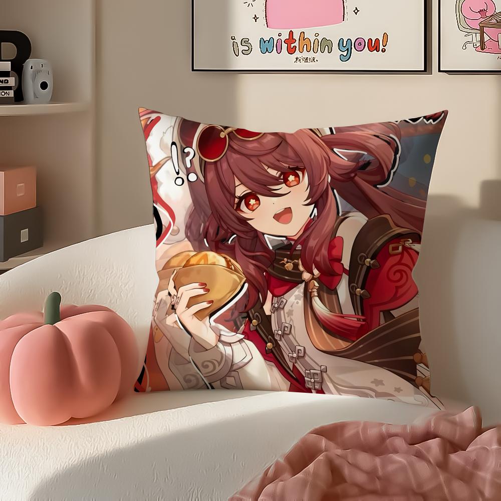 Game Genshin Hu Tao Cushion Cover Pillowcase Short Plush Invisible zipper Room Sofa Cushion Cover