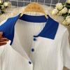 Søtt Todelt Collegesett for Kvinner Sommer Sexy Polo Krage Kortermet Knapper Strikket Topp og Elastisk Midje Mini Plisséskjørt Drakter