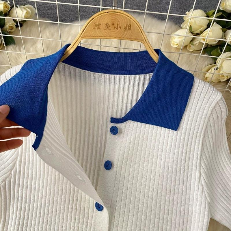 Søtt Todelt Collegesett for Kvinner Sommer Sexy Polo Krage Kortermet Knapper Strikket Topp og Elastisk Midje Mini Plisséskjørt Drakter
