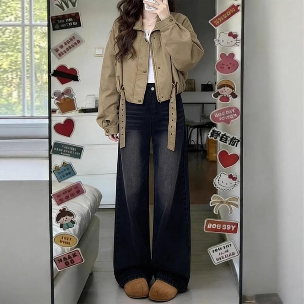 

Plus Size Chubby Women s Black-Gray Wide-Leg High Waist Jeans - Slimming Straight Leg Floor-Length Pants for Pear Shape, Spring New Arrival. L