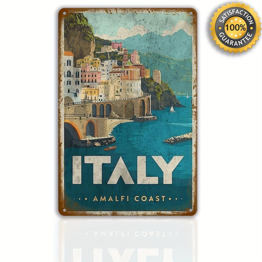 1pc Amalfi Coast Italy Vintage Metal Sign Retro Travel Poster Waterproof Weather Resistant Pre - Drilled for Home Bar Decor