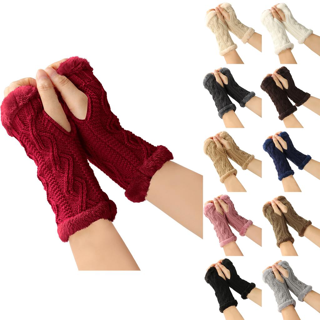 Women's Winter Warm Wool Gloves, Fingerless Diamond Knit Short Gloves