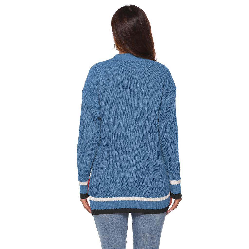 Autumn and Winter Women's Thickened Cardigan Colour Blocking Pockets Single-breasted V-neck Casual Jumper