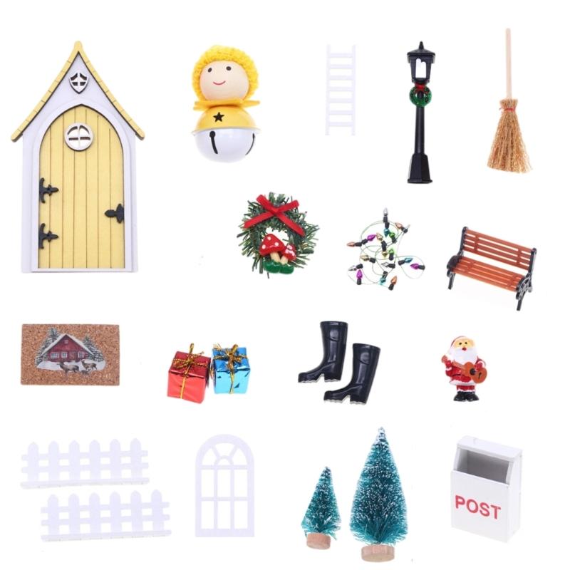 

Рождественская сцена Кукольные домики Аксессуары с миниатюрными гномами и эльфийскими дверными декорациями Праздничный подарок жёлтый