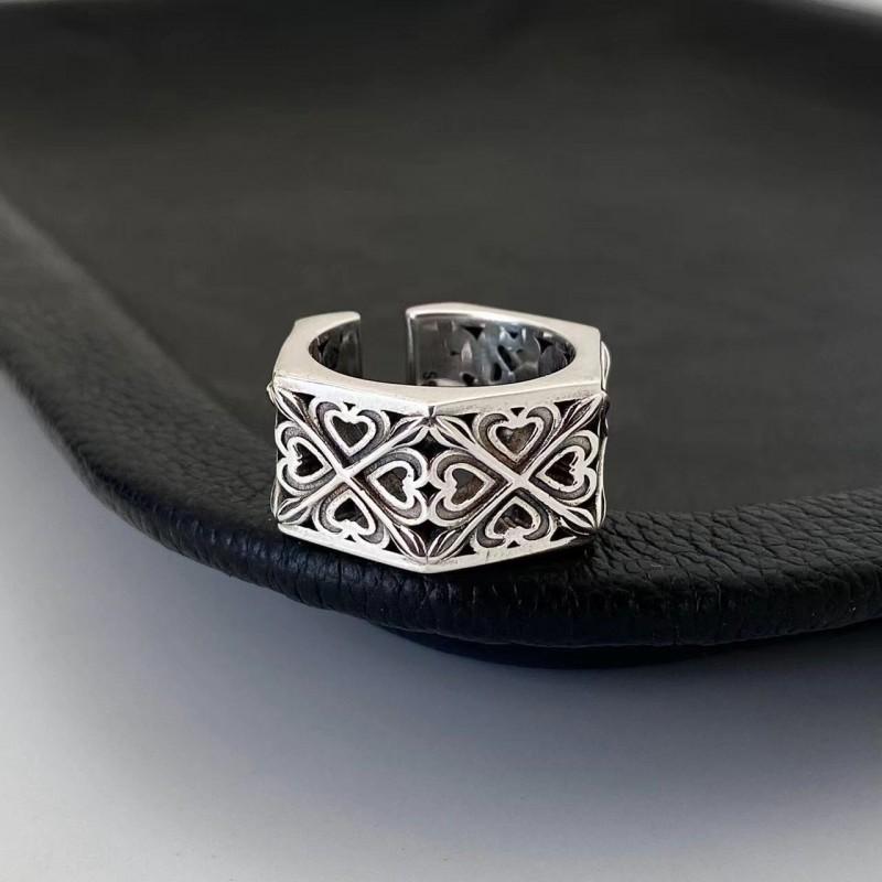 Adjustable Open Ring Couples Geometric Hollow Heart Design Vintage Style Plated Unisex Wide Band