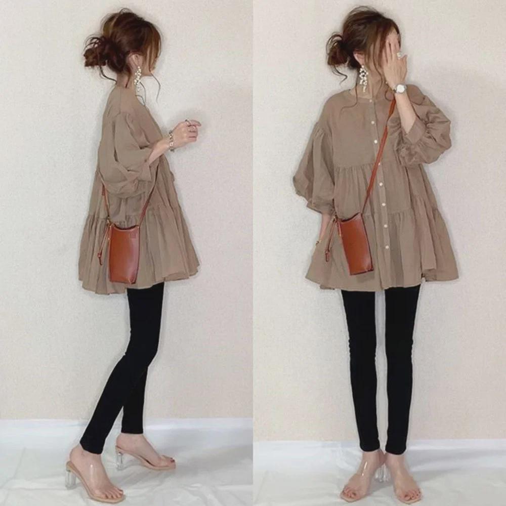 Japanese Loose-Fit Belly-Covering Mid-Length Shirt with 5-Point Sleeves (6 Colors)