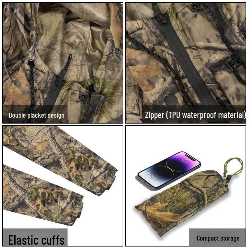 Adult Camouflage Waterproof Hiking Raincoat - Long, Lightweight, One-Piece with Reflective Strip