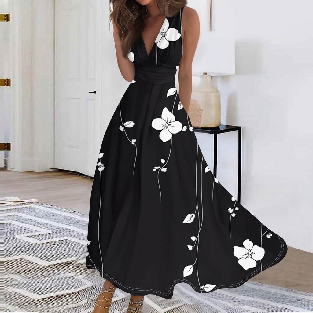 Women's Fashion Casual Loose V-Neck Sleeveless Printed Dresses