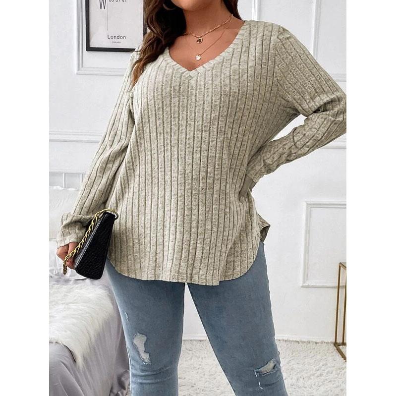 Damen Herbst- und Winterhemd Einfarbiges Oberteil in Übergröße V-Ausschnitt Langarm Woll-T-Shirt mit Grubenstreifen Lockerer Pullover für Damen