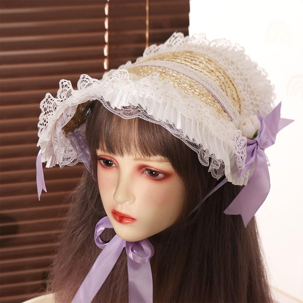 Cute Lace Lolita Bonnet Flat Top French Lolita Straw Hat Sun Protection Pastoral Style Bow Ribbon Flower Cap Beach Vacation