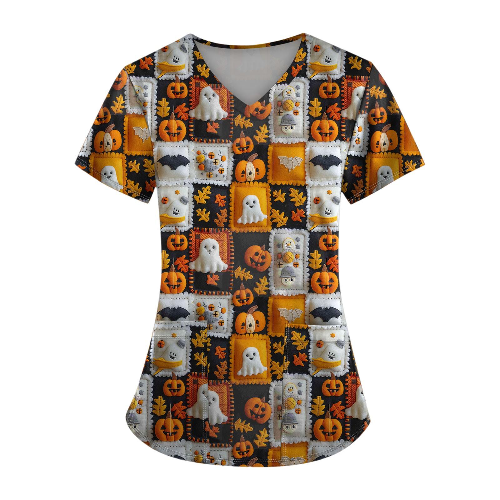 

Плюс размерСкраб с принтом Рабочая форма Топы для женщин Крест V-образным вырезом Хэллоуин Принт с короткими рукавами Забавные футболки Спецодежда Футболка с карманами L оранжевый