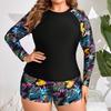 Plus Size Colorful Feathers Long Sleeve Split Racing Swimsuit for Women