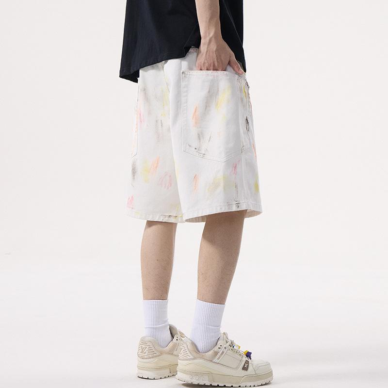 Loose Scimitar Mid-pants Niche Painted and Graffiti Fashionable Light Luxury White Denim Shorts
