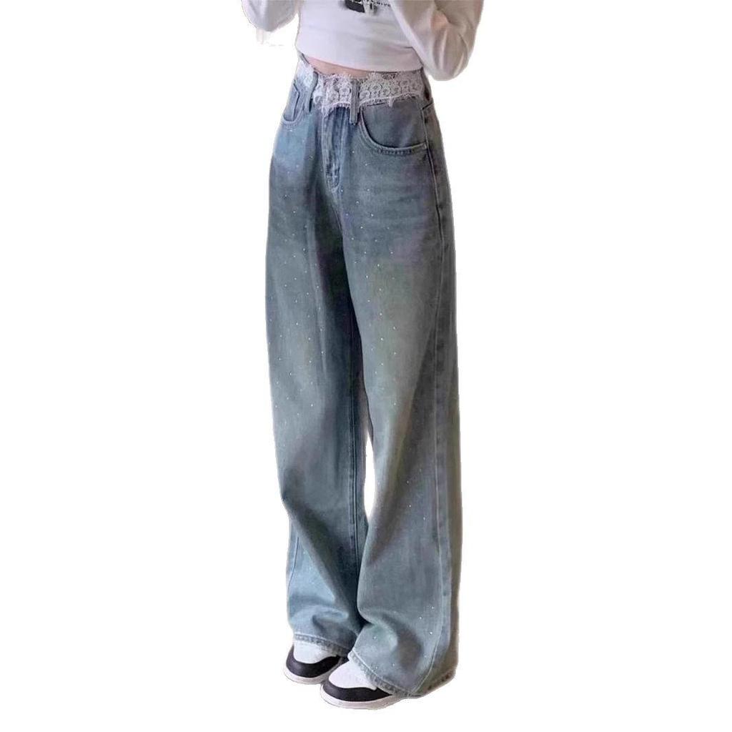 Women's High Waist Rhinestone Jeans - Wide Leg, Loose Fit, Floor Length, Summer Style